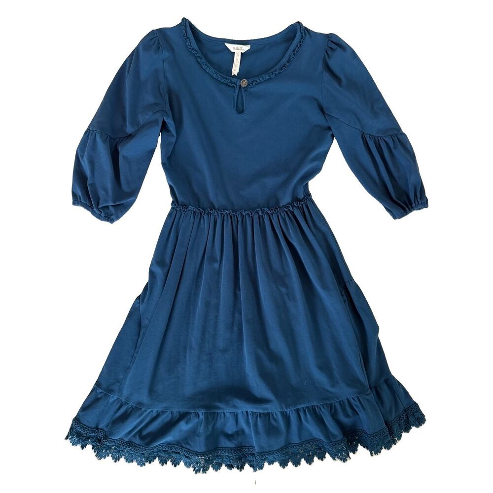 Matilda Jane Prairie Blue Dress Ruffle Lace Trim 3/4 Sleeve Cottagecore Keyhole